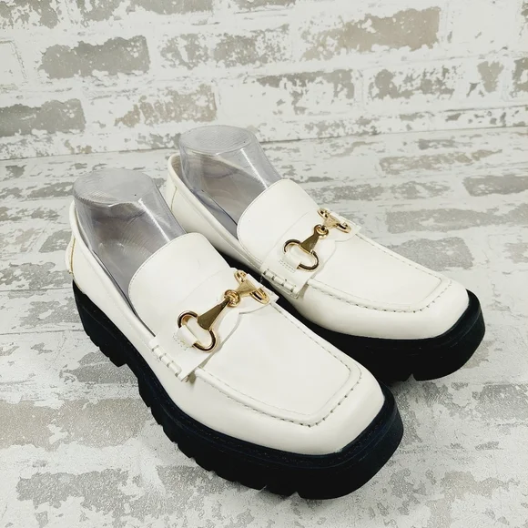 NEW Nordstrom Open Edit White Faux Patent Gold Chunky Academia Loafers C433 - Picture 4 of 14